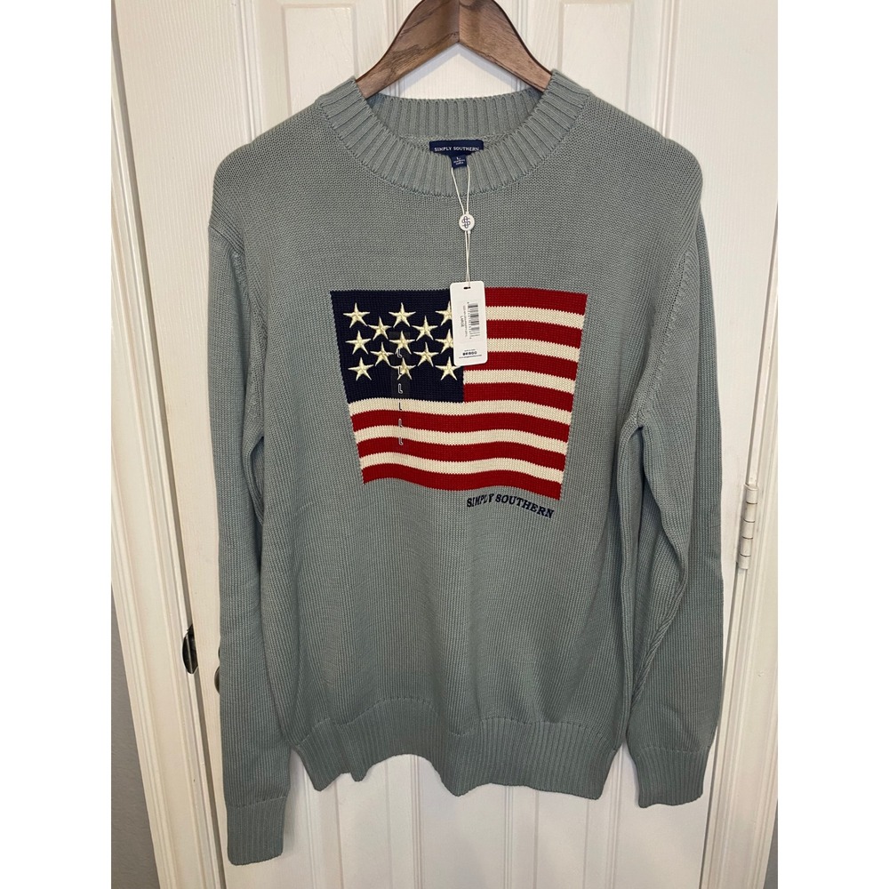 Simply Southern Mens American Flag Knit Sweater Blue Gray Crew Neck NWT Large